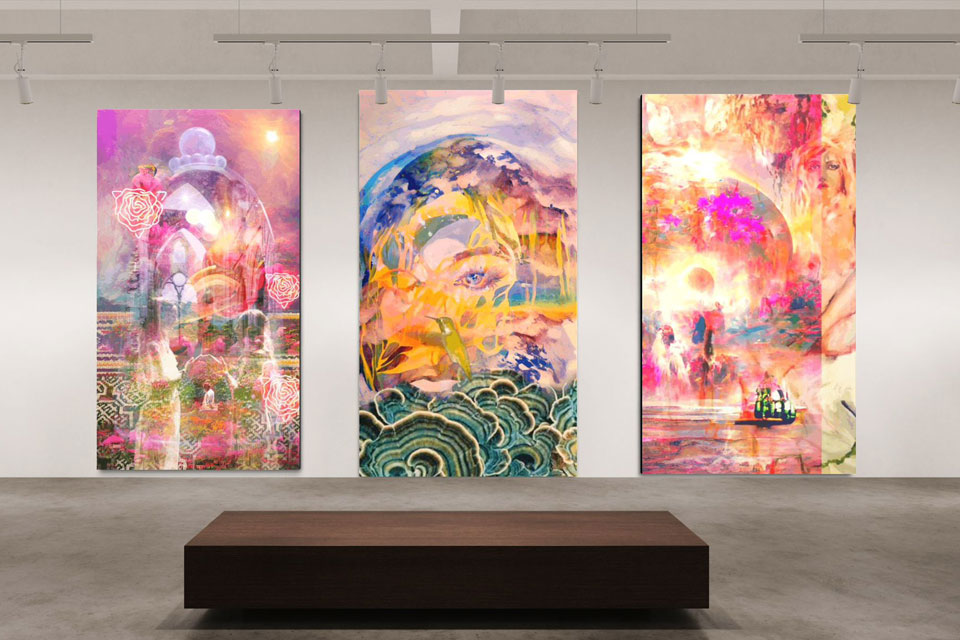Triptych digital paintings by visionary artist Moon, blending sacred symbols, divine feminine archetypes, and ethereal color palettes in a gallery space.