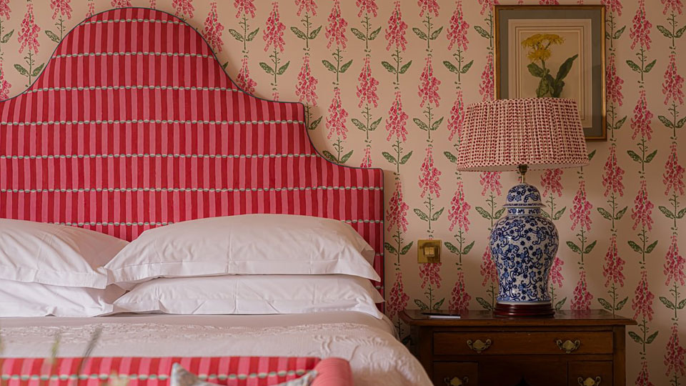Gravetye Manor Walnut Room Headboard in Luna Fabric (C) Sarah Frances Kelley