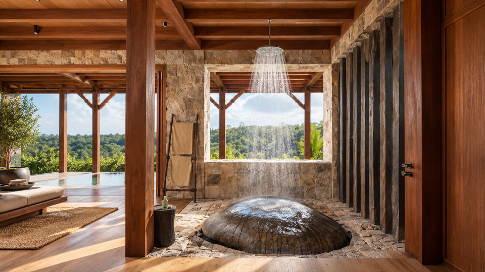 Natural stone, warm timber and flowing water create a tranquil retreat where architecture and nature meet.