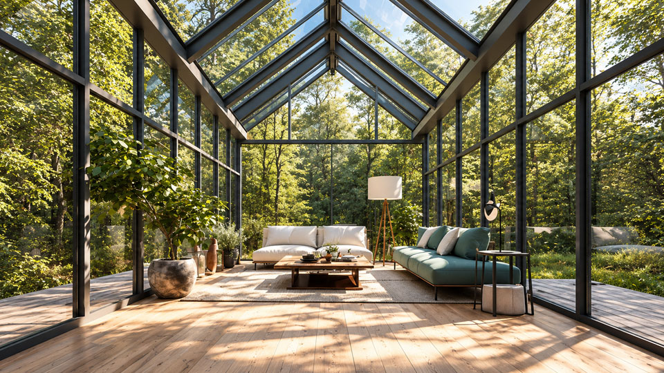 Floor-to-ceiling glazing blurs the boundaries between indoors and nature, creating a light-filled sanctuary surrounded by greenery.