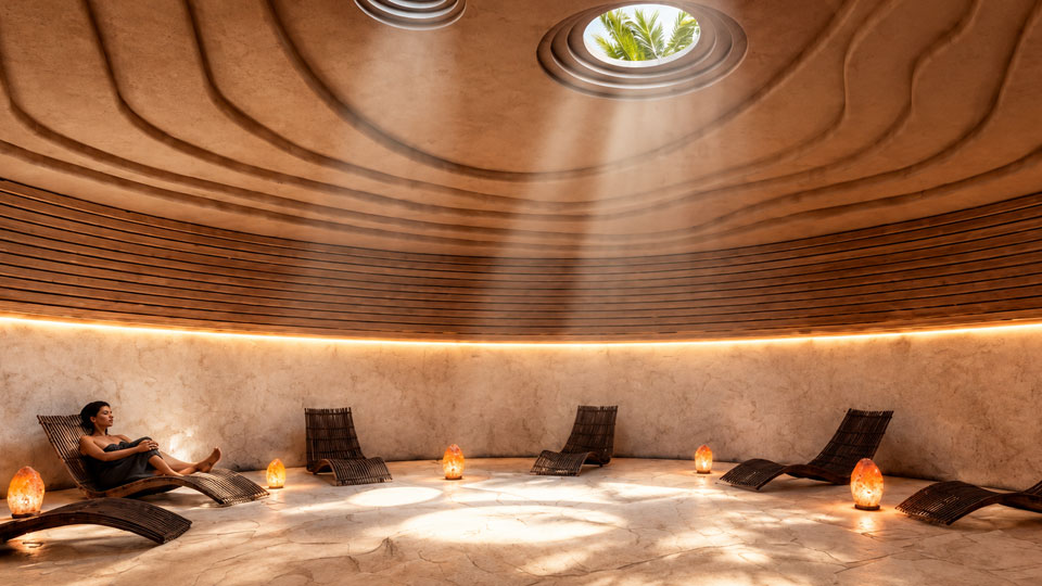 Soft lighting, natural materials and thoughtful acoustics create a peaceful sanctuary designed for stillness and relaxation.