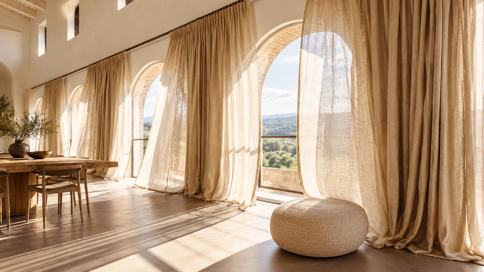Soft natural light, flowing linen curtains and warm organic textures create a serene interior that encourages comfort and a sense of calm.